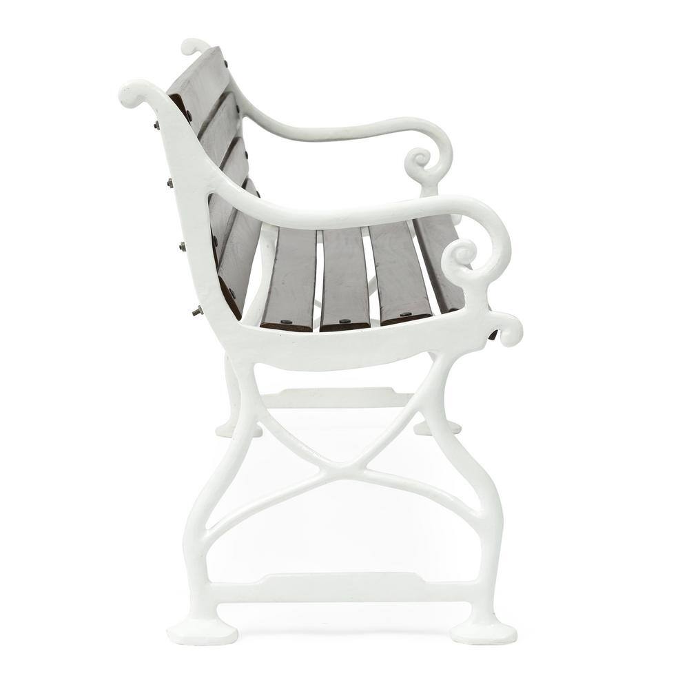 Rustic Brown Acacia & White Iron Floral Outdoor Bench