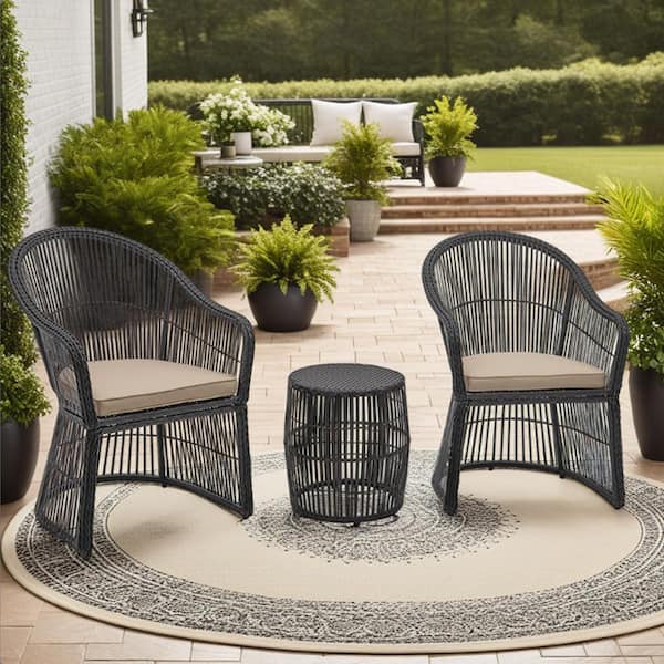 Black 3-Piece Wicker Outdoor Patio Conversation Set with Beige Cushions