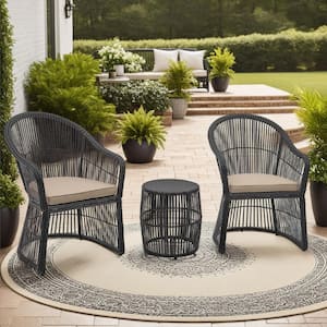 Black 3-Piece Wicker Outdoor Patio Conversation Set with Beige Cushions