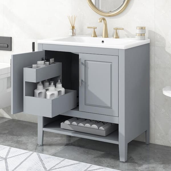Staykiwi 30 in. W x 18.3 in. D x 33 in. H Freestanding Bath Vanity in Grey with White Ceramic Top