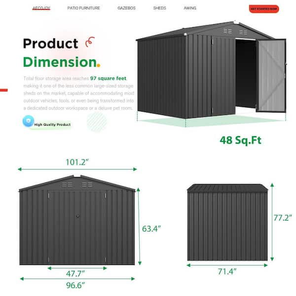 AECOJOY 8 ft. W x 6 ft. D Metal Shed with Double Lockable Door in