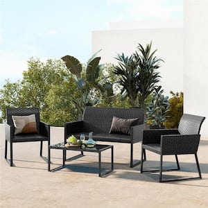 4-Piece Metal Plastic Wicker Patio Conversation Set in Mix Brown All weather/weather resistant