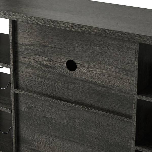 Yofe Oak and Black Rustic Wood Wine Bar Cabinet for Liquor and Glasses, Double Sideboard and Buffet Cabinet, Wine Rack Table, Oak & Black