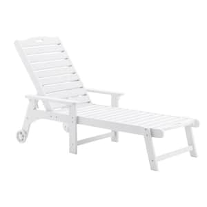Oversized Plastic Outdoor Chaise Lounge Chair with Wheels and Adjustable Backrest for Poolside Patio Garden-White