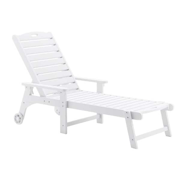 LUE BONA Helen White Recycled Plastic Plywood Adjustable Outdoor Reclining Chaise Lounge Chairs With Wheels for Poolside Patio