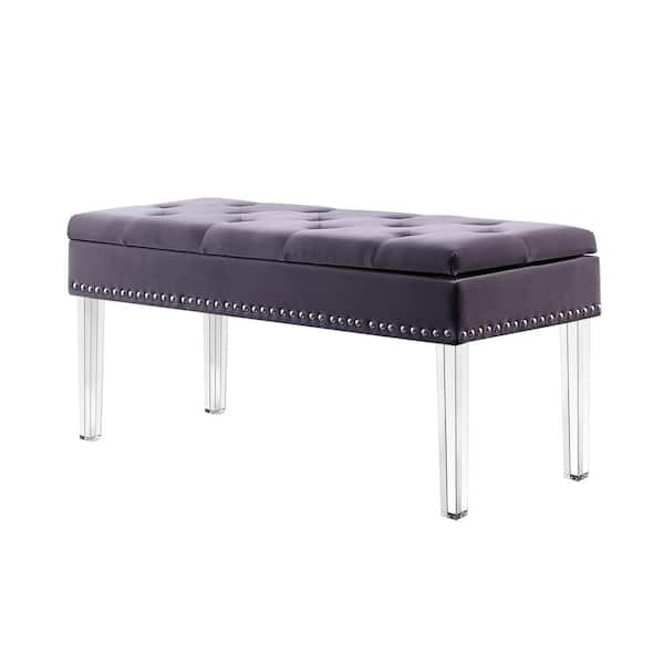 ORE INTERNATIONAL 18 in. Grey Tufted Mid-Century Storage Bench Nailhead Trim with Acrylic Clear Legs
