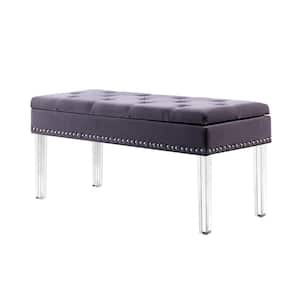 18 in. Gray Tufted Mid-Century Storage Bench Nailhead Trim with Acrylic Clear Legs