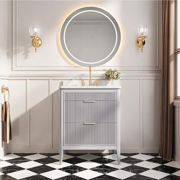30 in. Single Sink Solid Wood Grey Bath Vanity with White Cultured Marble Top, 2 Handle Sets, Fully Assembled