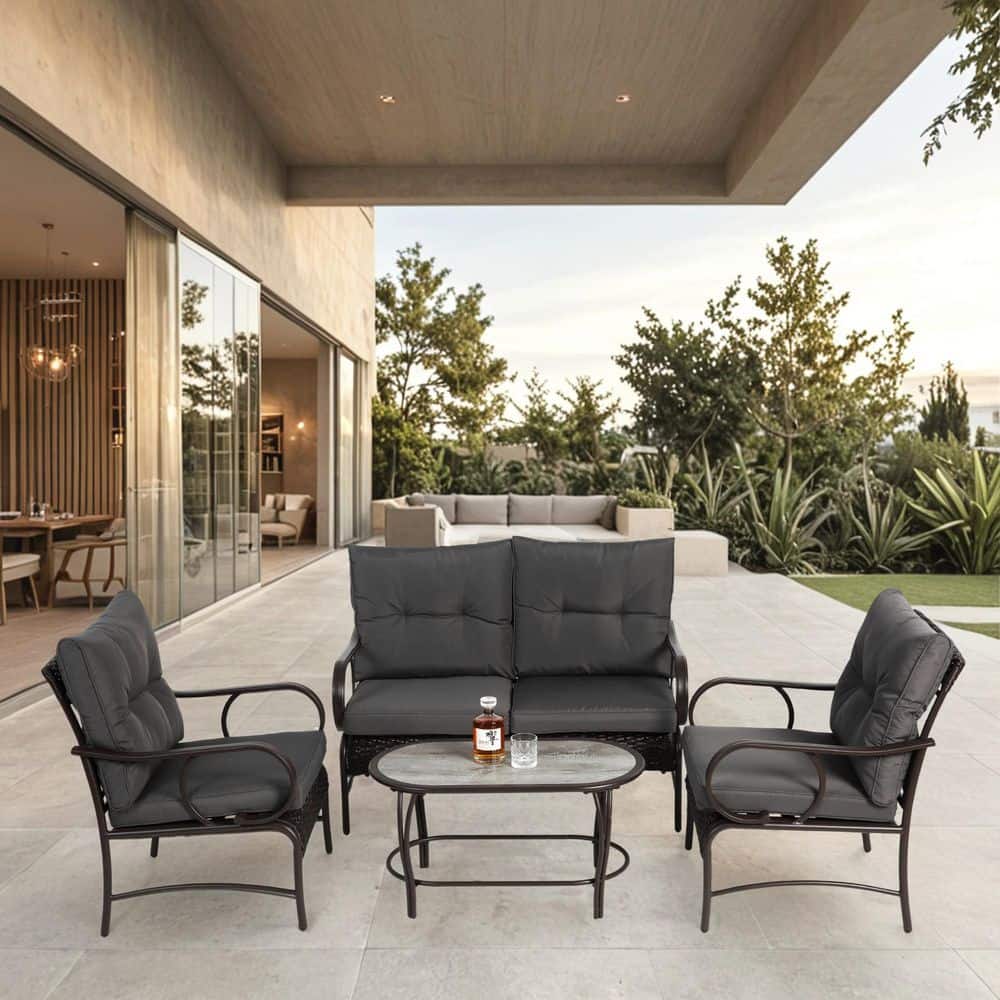 4 Piece Wicker Outdoor Patio Sectional Set, Conversation Set, Brown Rattan 