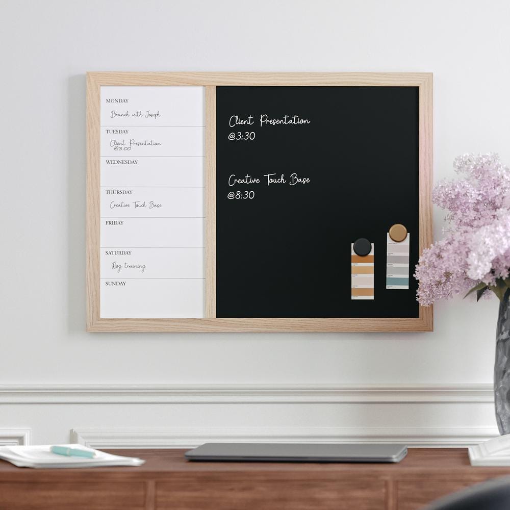 Light Natural Woodgrain Magnetic Weekly Calendar Dry Erase and Chalk Board 24" x 18"