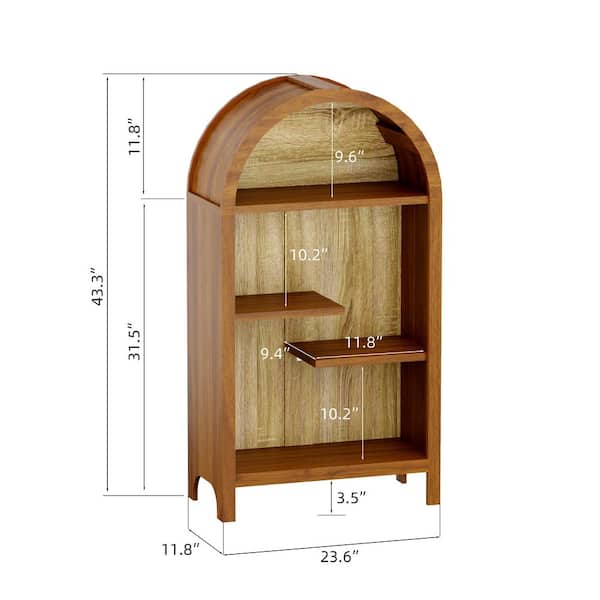 Seth 43.3 in. Tall Natural Wood and Walnut Melamine Particle Board 4-Tier Shelf Accent Storage Bookcase with Arched Top