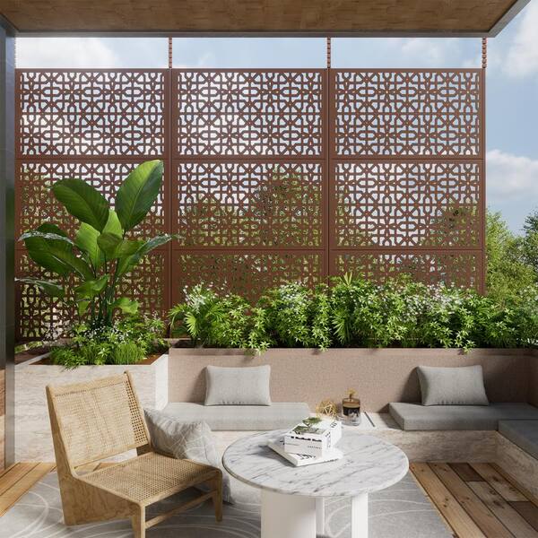 Dovelina 76 in. x 47.2 in. Laser Cut Metal Brown Outdoor Privacy Screen Perilla Pattern