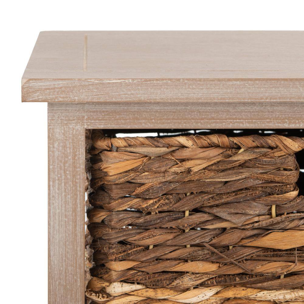 Transitional Brown Pine Wood Rectangular Side Table with 3 Wicker Baskets