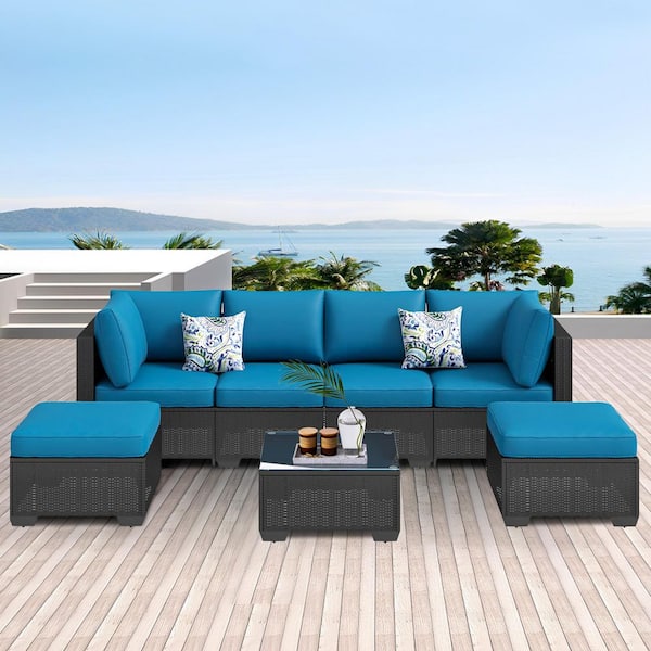 Unbranded 7-Piece Black Wicker Outdoor Sofa Sectional Set Patio Seating Sets with Peacock Blue Cushions and Footstool