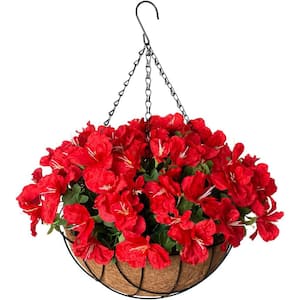 24 in. Red Artificial Rose Flowers in Hanging Basket