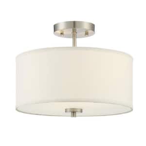 Meridian 13 in. W x 10 in. H 2-Light Brushed Nickel Semi-Flush Mount Ceiling Light with White Fabric Shade