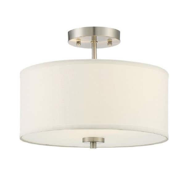 TUXEDO PARK LIGHTING 13 in. W x 10 in. H 2-Light Brushed Nickel Semi-Flush Mount Ceiling Light with White Fabric Shade