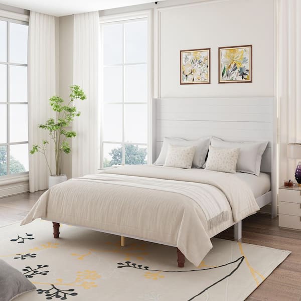 Cozly White Wood Frame Queen Size Platform Bed with High Headboard