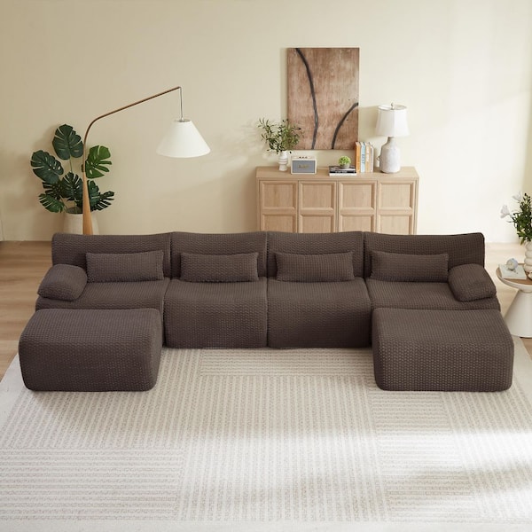 Uriah 141.7 in. Pillow Top Arms Corduroy Upholstery Modular U-Shaped Sectional Sofa in Brown with 2 Ottomans
