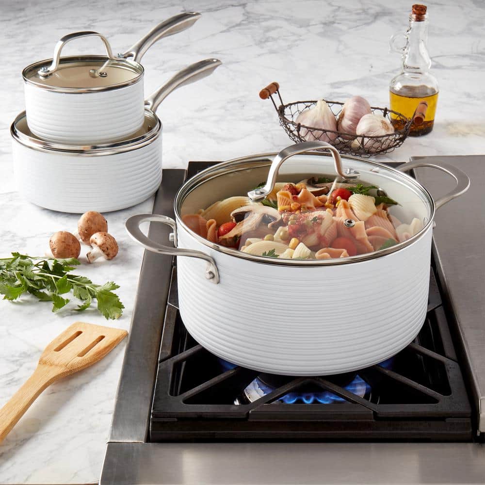 10-Piece White Nonstick Aluminum Cookware Set with Ribbed Design