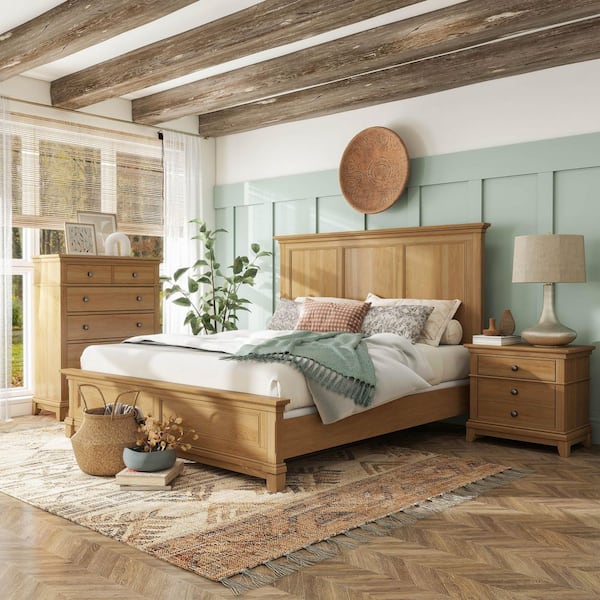 Falkner Modern 3-Piece Natural Wood Queen Panel Bedroom Set with Nightstand and Chest