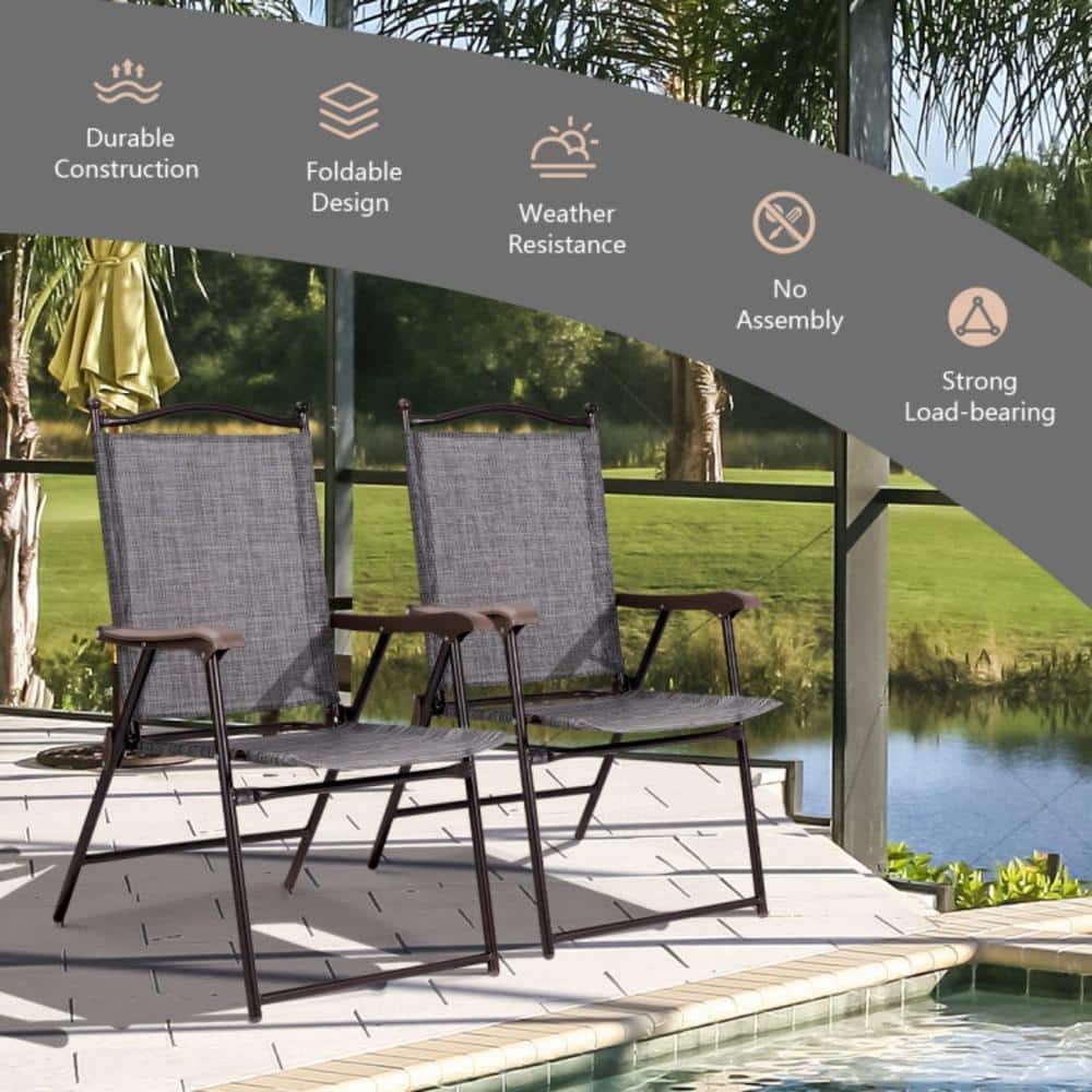 Gray Steel Frame Folding Camping Chairs with Arms, Set of 2