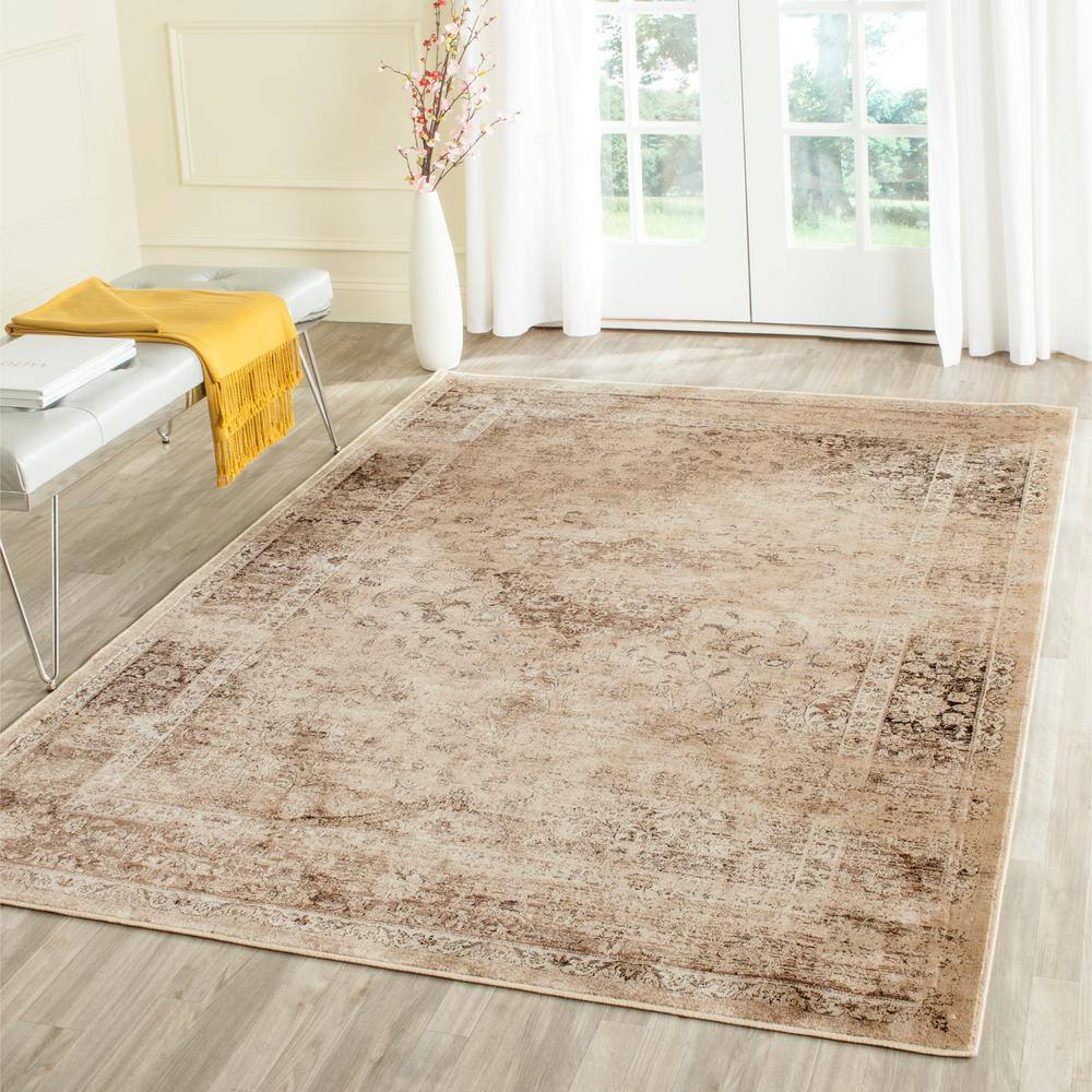 Vintage Warm Beige Floral Rectangular Viscose Area Rug, 9' x 12'