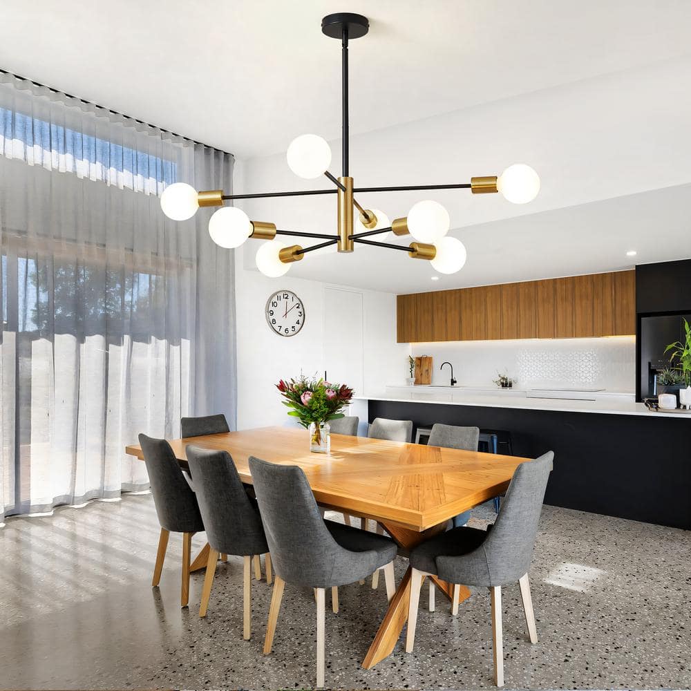 Black and Gold 8-Light Sputnik Chandelier with Adjustable Height