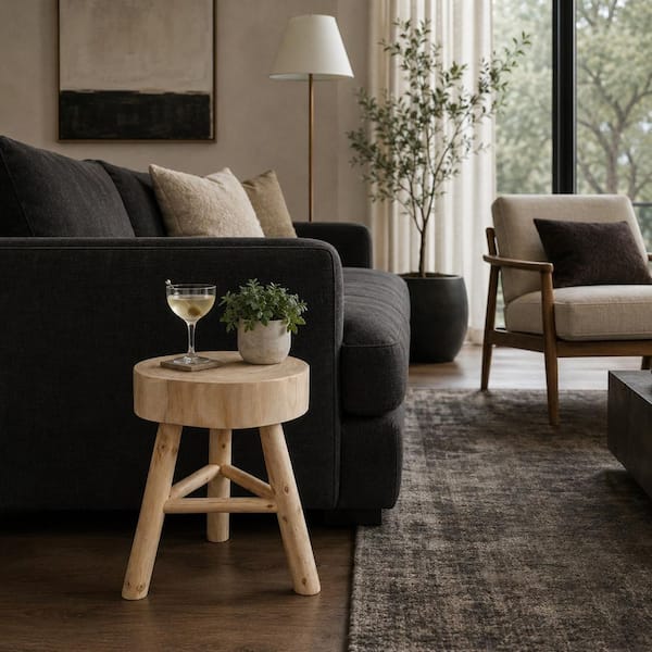 Pattern Edge Timber Liv & Skye Ivory/Tan 16 in. Solid Wood Round Live-Edge Accent Stool ...
