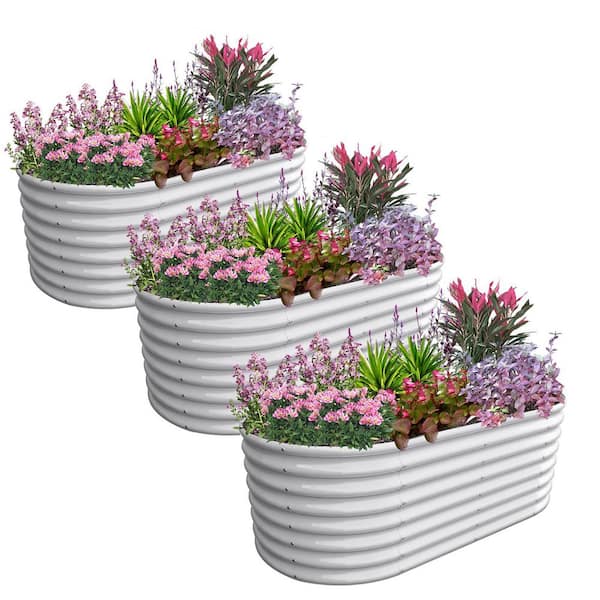 3-Pack White Metal Oval Raised Garden Bed Planter Box for Planting Vegetables Flowers (96 in. L x 48 in. W x 24 in. H)
