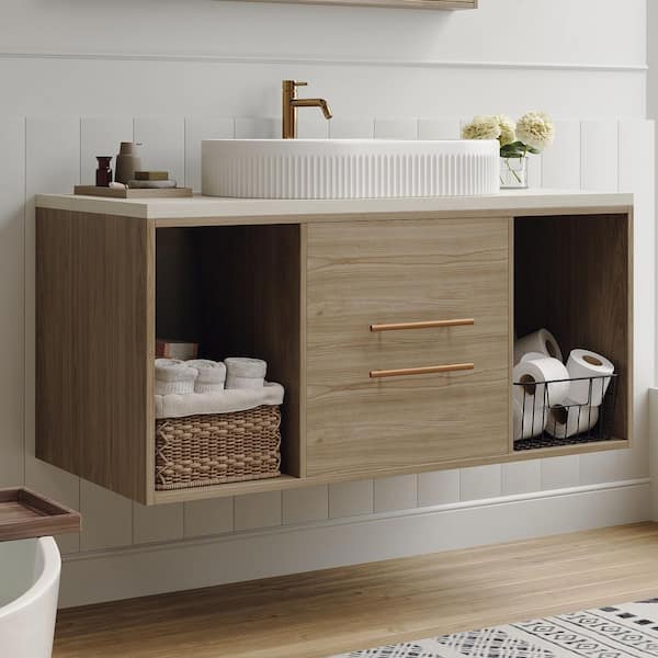 40 in. Single Sink Floating Natural Bath Vanity with White Cultured Marble Top