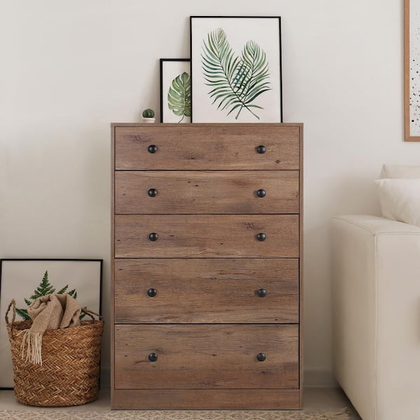 VEIKOUS Oversized 5-Drawer Wood Color Chest of Drawers Dresser with 2 ...