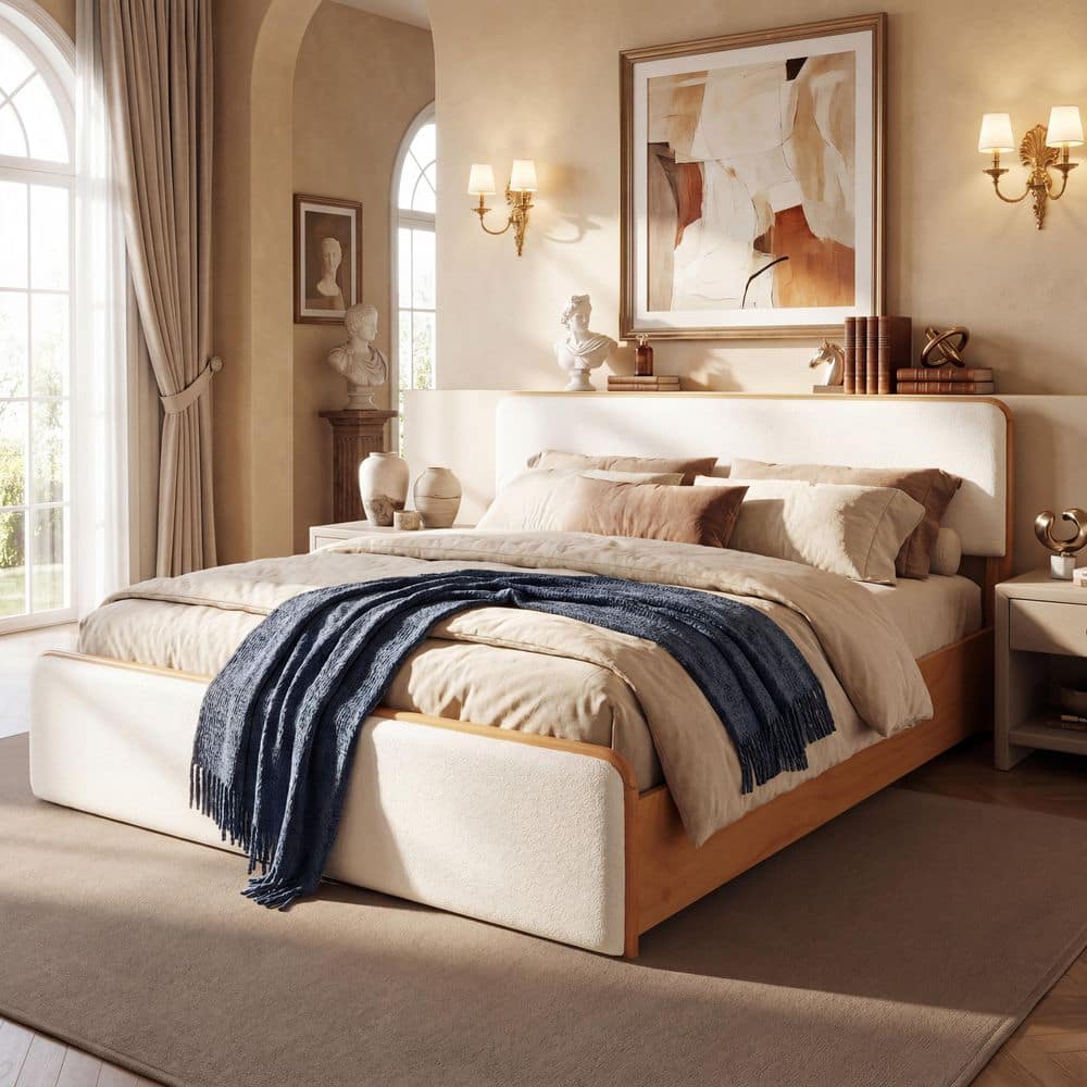 Natural Yellow Wood Frame Queen Size Platform Bed Frame with White Upholstered Headboard and Footboard price history on PriceWatchPro