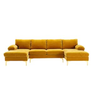 110 in. Square Arm 3-Piece Velvet U-Shaped Sectional Sofa in Musterd Yellow with Chaise