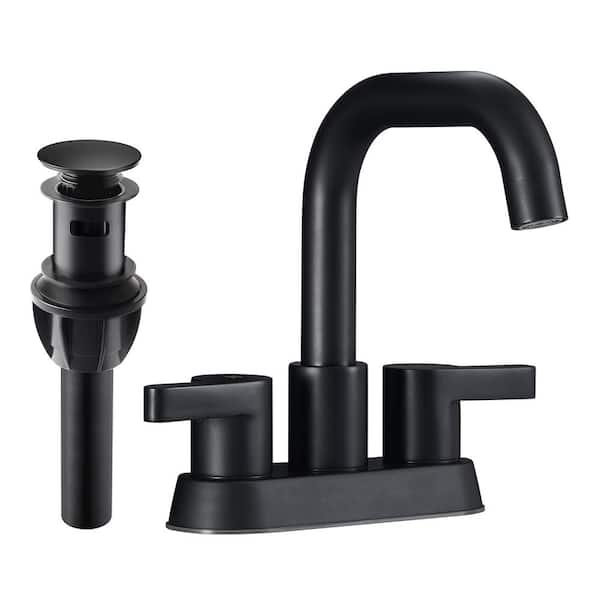 Fapully 4 in. Centerset Double Handle High Arc Bathroom Faucet with Drain Kit Included in Matte Black
