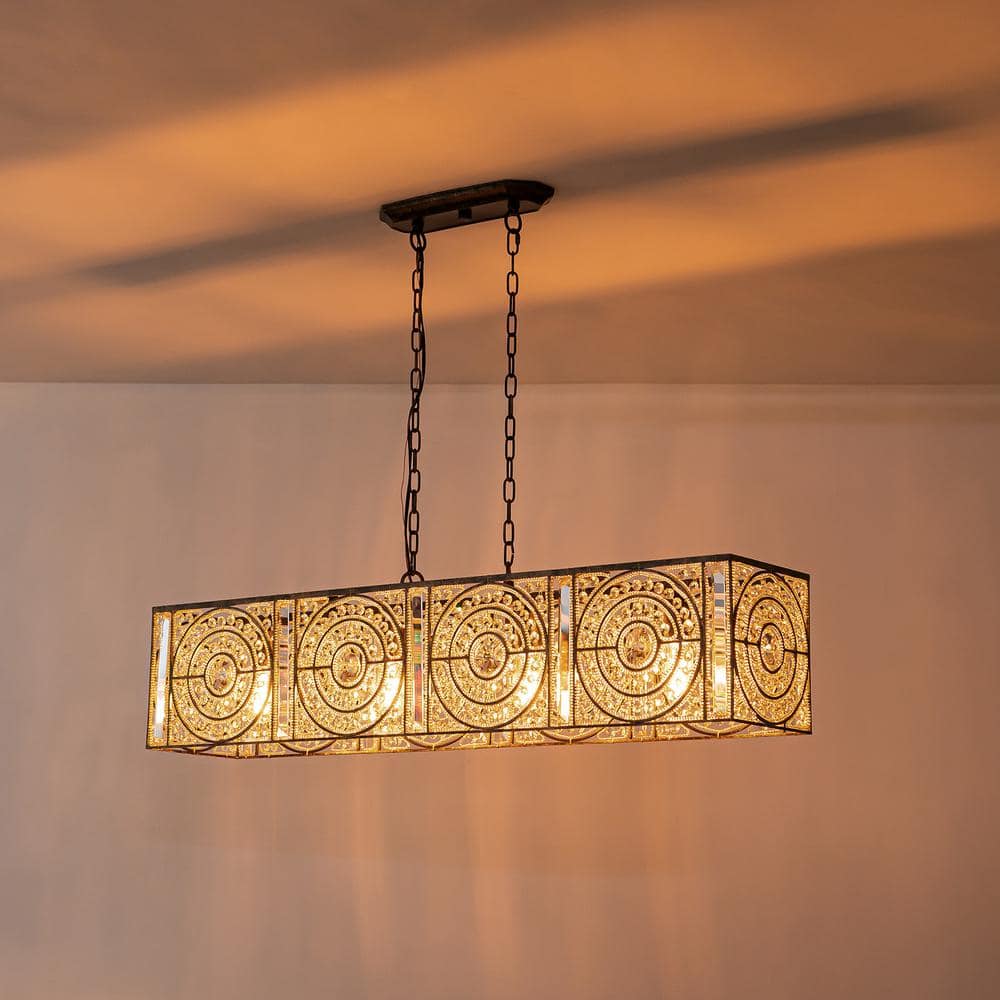 Vintage Bronze 42" Rectangle Crystal Chandelier with Metal Frame