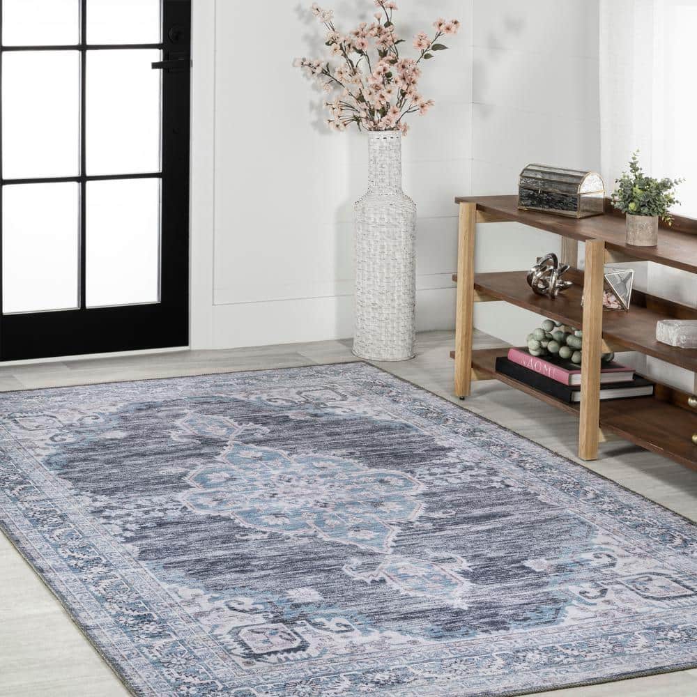 Gray and Blue Chenille Medallion Washable Area Rug