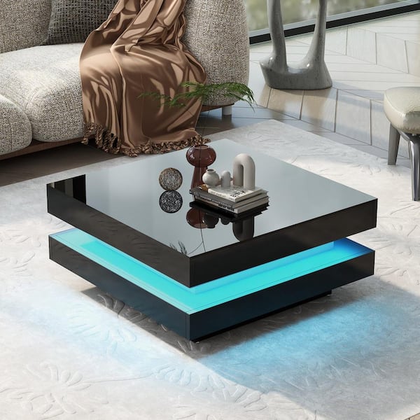 Zeus & Ruta 31.5 in. x 31.5 in. x 14.2 in. 2-Tier Black Square Coffee Table High Gloss Design with LED Lights for Living Room