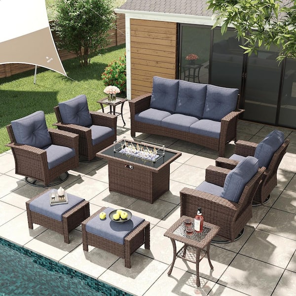 10-Piece Wicker Outdoor Patio Fire Pit Conversation Set with Navy Blue Cushions and Swivel Rocking Chairs