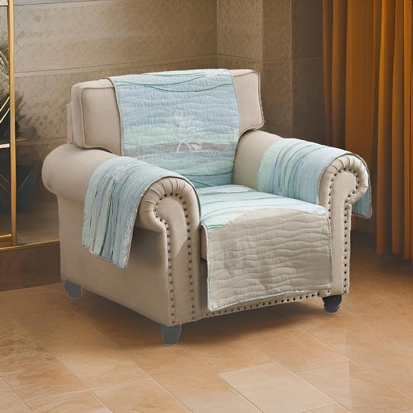 Benjara Niha Multicolor Polyester Blend Ocean Wave Print and Quilting Armchair Slipcover