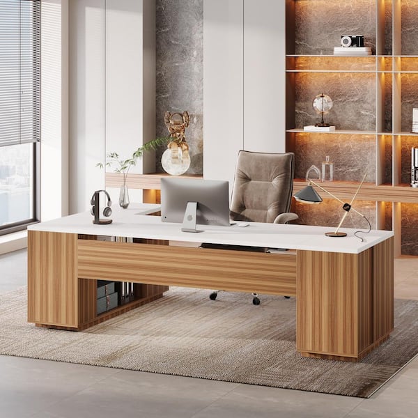 Capen 86 in. White and Brown Super Spacious L-Shaped Executive Desk, Business Professional Desk with Drawers and Cabinet
