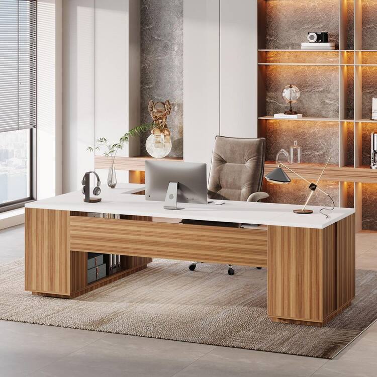 BYBLIGHT Capen 86in. White and Brown Super Spacious L-Shaped Executive Desk, Business Professional Desk with Drawers and Cabinet