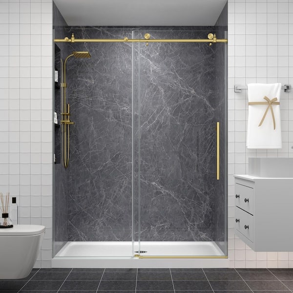 56-60 in. W x 76 in. H Sliding Frameless Shower Door in Brushed Gold with Clear Glass