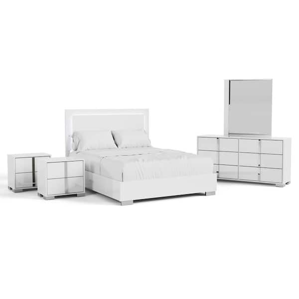 Mesala 5-Piece White Wood Frame King Panel Bedroom Set with LED Light on Headboard, Chrome Accents and Legs