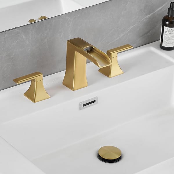 Modern 8 in. Widespread Double Handle Brass Bathroom Faucet with Pop Up Drain and Water Supply Hoses in Brushed Gold