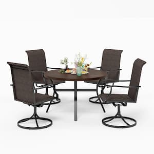 5-Piece Patio Outdoor Dining Set with Wood-look Pattern Metal Round Table and Rattan Swivel Chair