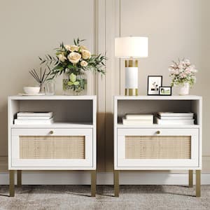 White 1-Door 18.58 in. W Rattan Nightstand (Set of 2)