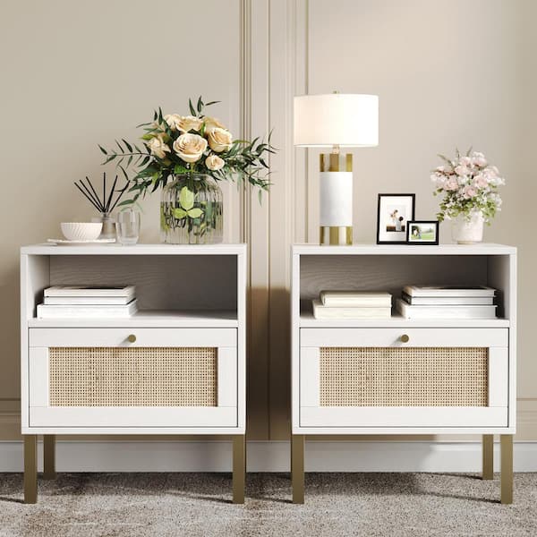 Angel Sar White 1-Door 18.58 in. W Rattan Nightstand (Set of 2)