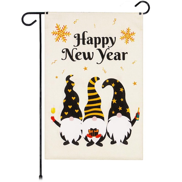G128 1 ft. x 1.5 ft. Burlap Happy New Year 3-Celebrating Gnomes 2-Sided Garden Flag Printed Burlap