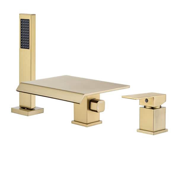 FLG Single-Handle Deck-Mount Roman Tub Faucet with Hand Shower 3 Hole Brass Waterfall Bthtub Filler in Brushed Gold